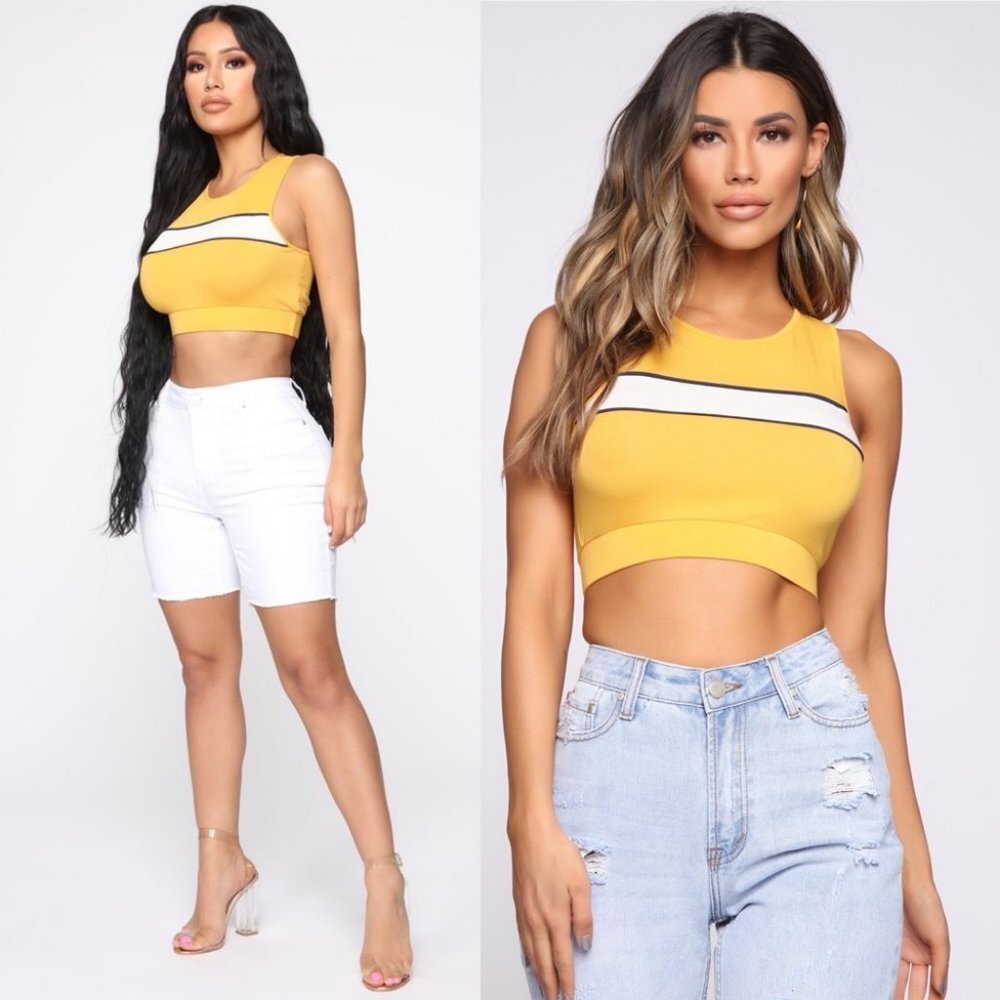 Fashion Nova Yellow Crop Top Striped Retro Size Medium White Stripe Mustard Boho